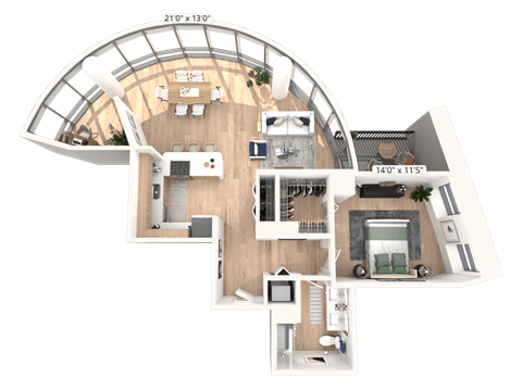 Floor plan for 1 bed, 1 bath, 986 sqft